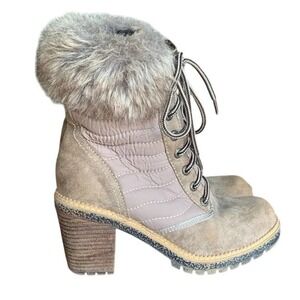 Women's Lace Up Quilted Ankle Boots Faux Fur Trim Block Heel Taupe Size 6.5
